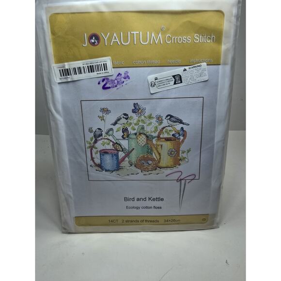 Cross stitch kit, Bird And kettle Pre-printed, 14 ct - Picture 1 of 2